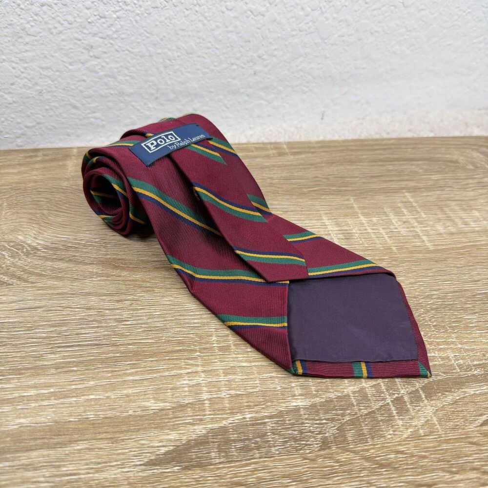 Polo Ralph Lauren Dark Red Repp Stripe Silk Tie Handmade USA Made  57" L  | 4" W